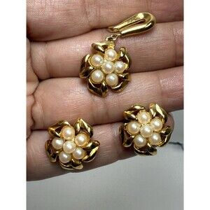 Vintage Richelieu Gold Tone Faux Pearl Stud Earrings And Matching Pendant Set